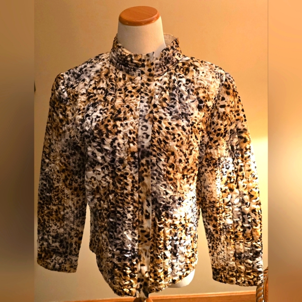 RUBY RD Crinkle Quilted Zip-Up Lightweight Jacket Size XL Black/Tan Animal Print